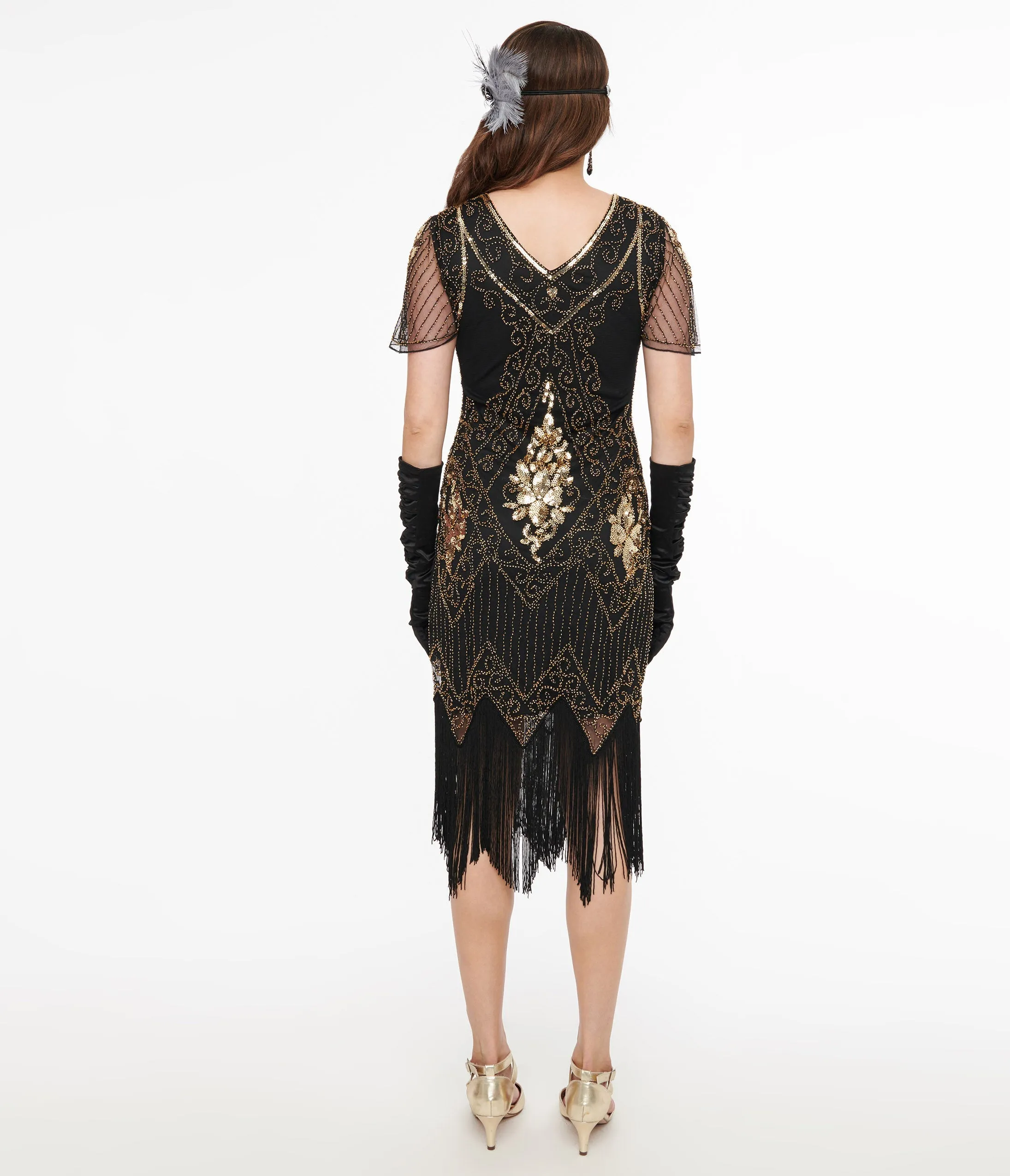 1920s Black & Gold Beaded Fringe Flapper Dress Party Look