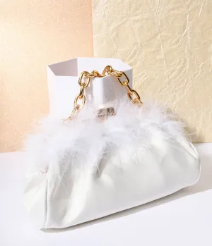 1920s White Satin & Fur Trim Clutch Handbag Fun Outing