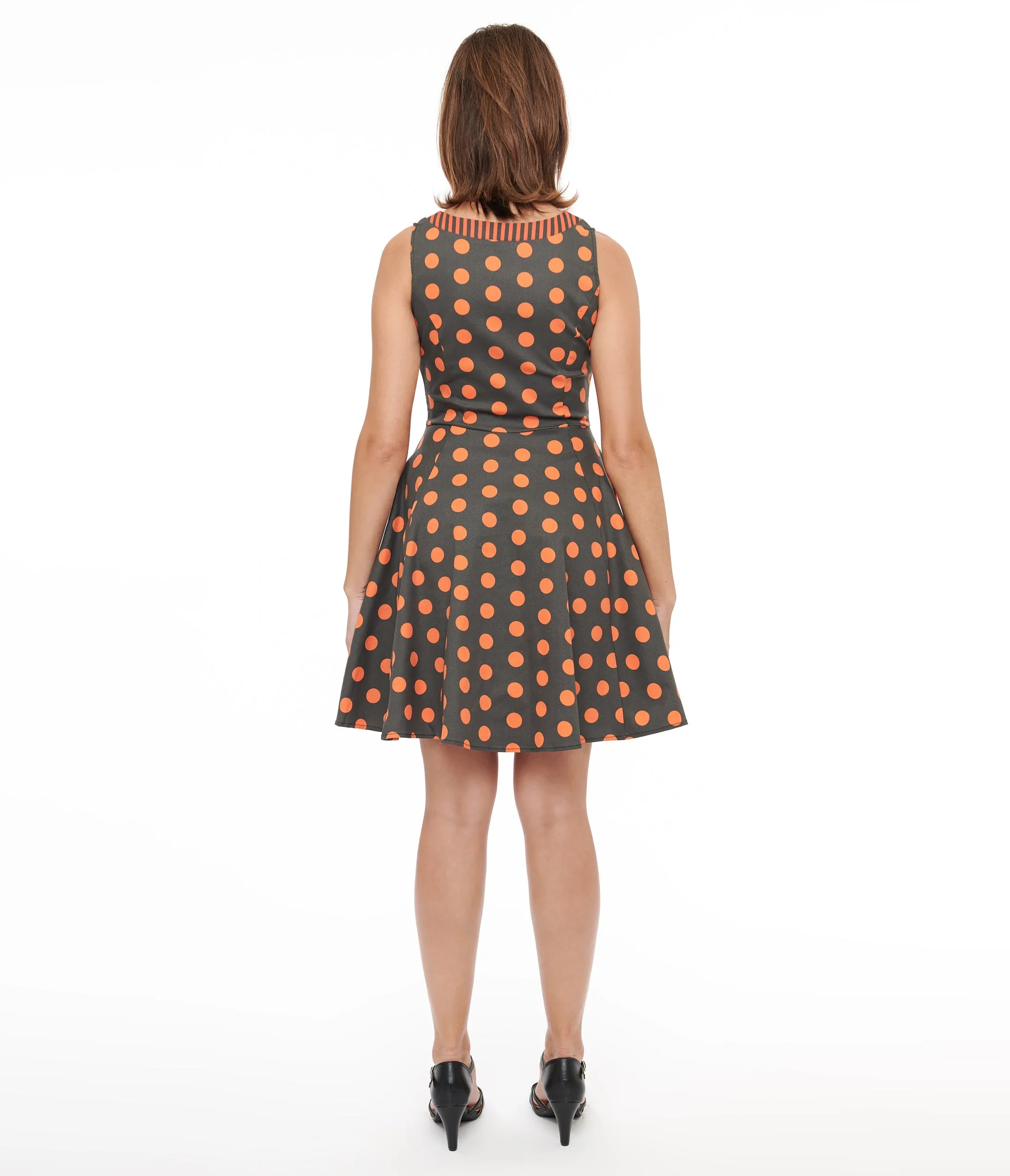 1950s Black & Orange Polka Dot Fit & Flare Dress Casual Everyday Look