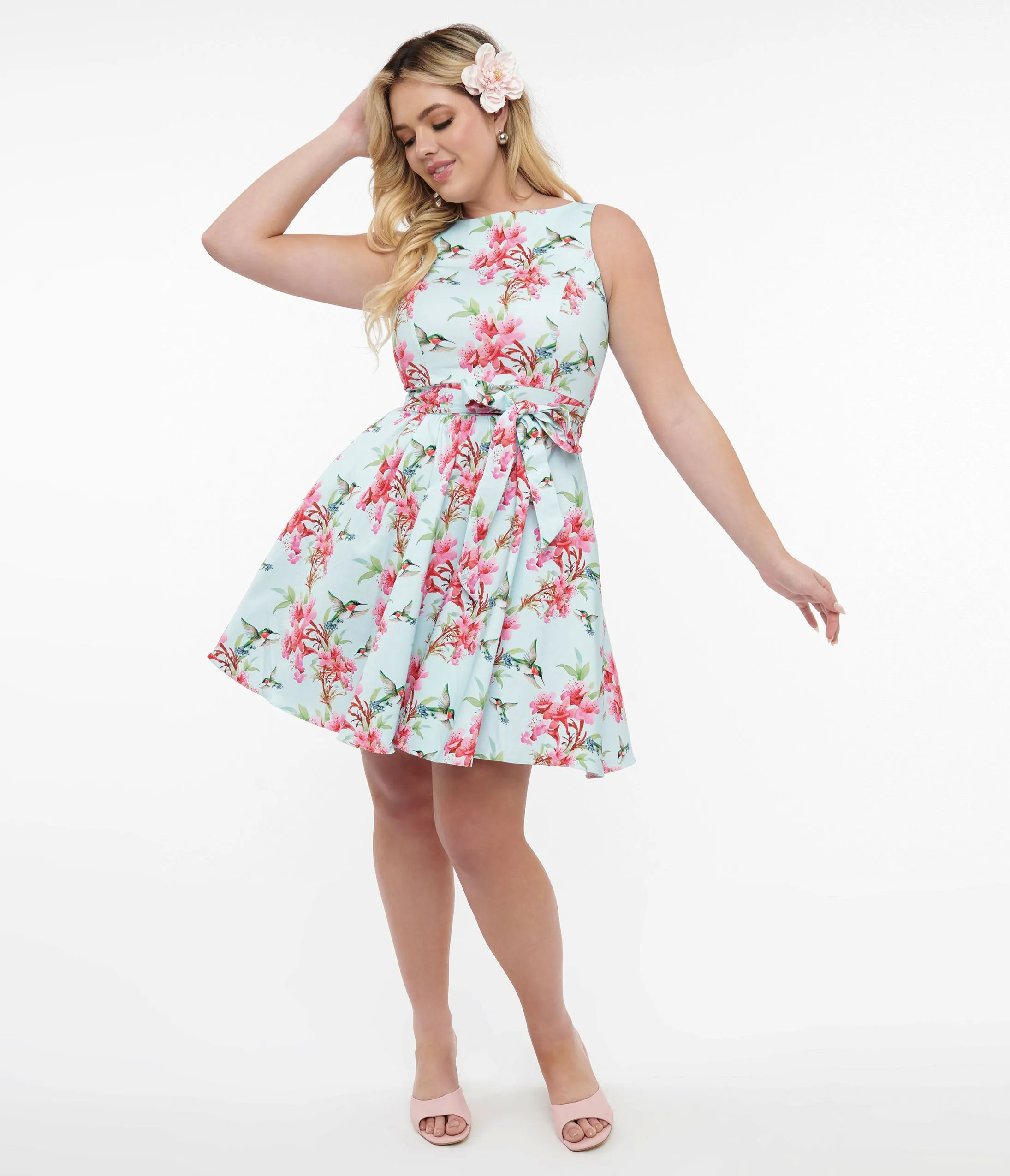 1950s Blue & Pink Floral Hummingbird Print Cotton Tea Fit & Flare Dress Casual Everyday Look