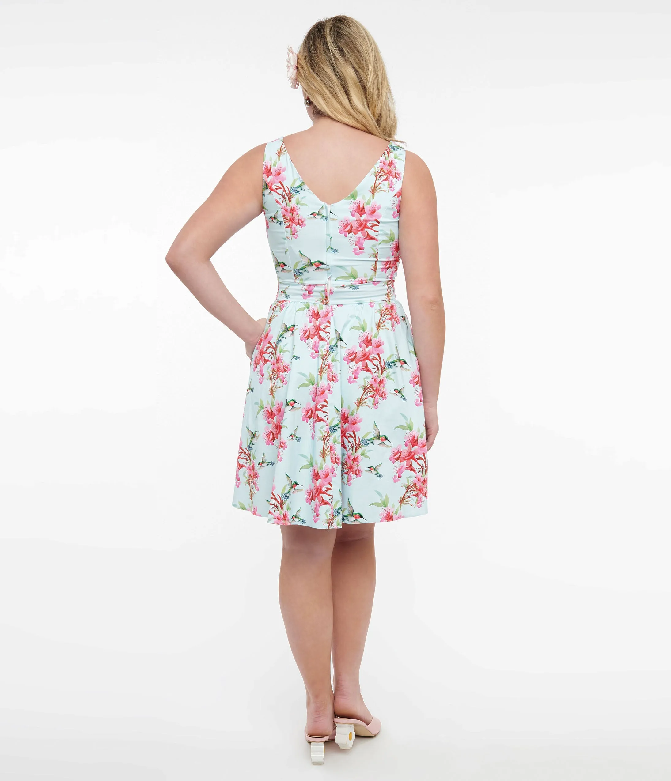 1950s Blue & Pink Floral Hummingbird Print Cotton Tea Fit & Flare Dress Casual Everyday Look
