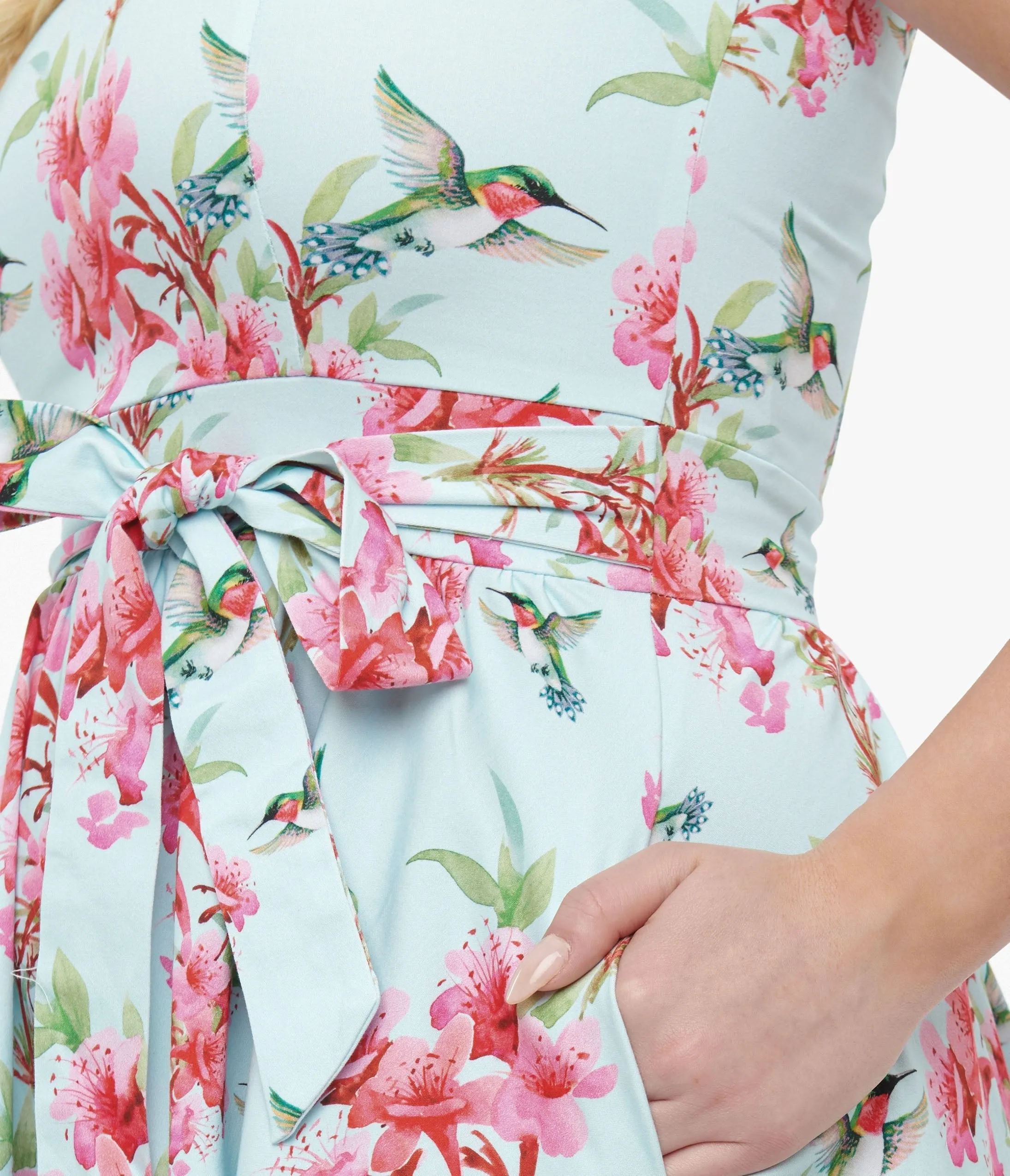 1950s Blue & Pink Floral Hummingbird Print Cotton Tea Fit & Flare Dress Casual Everyday Look