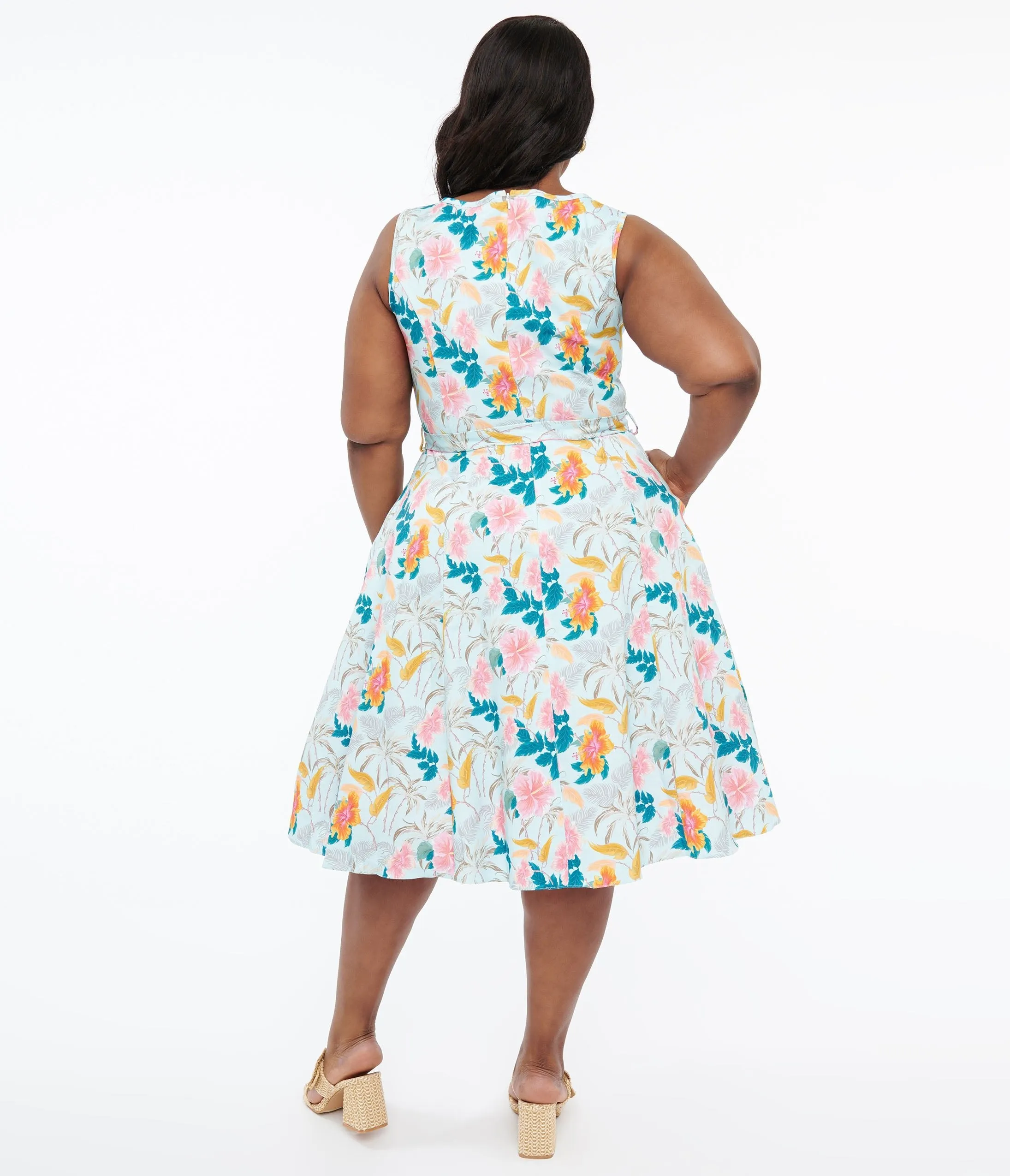 1950s Blue Tropical Holiday Cotton Hepburn Swing Dress Casual Everyday Look