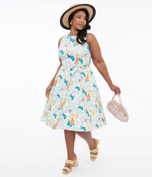 1950s Blue Tropical Holiday Cotton Hepburn Swing Dress Casual Everyday Look