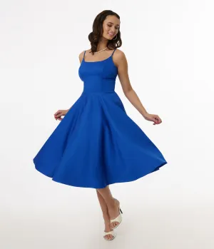 1950s Cobalt Blue Cotton Swing Dress Casual Everyday Look