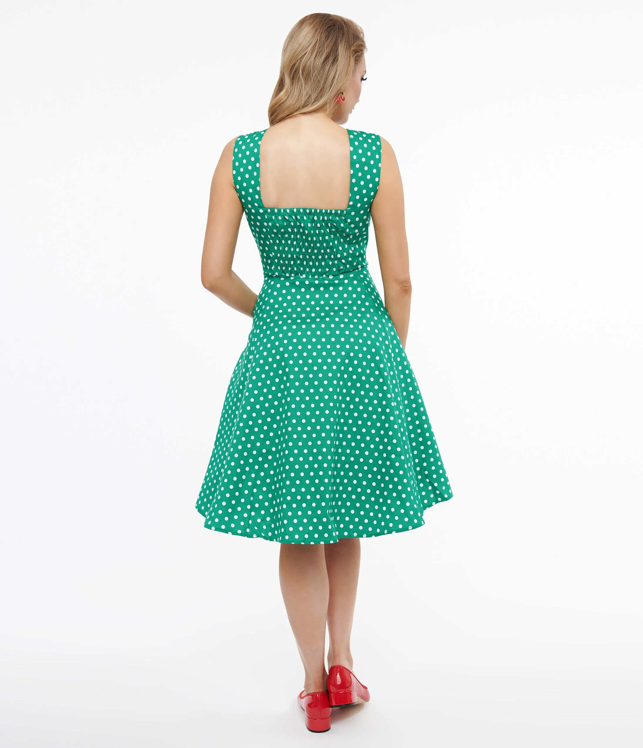 1950s Green & White Polka Dot Cotton Swing Dress Casual Everyday Look