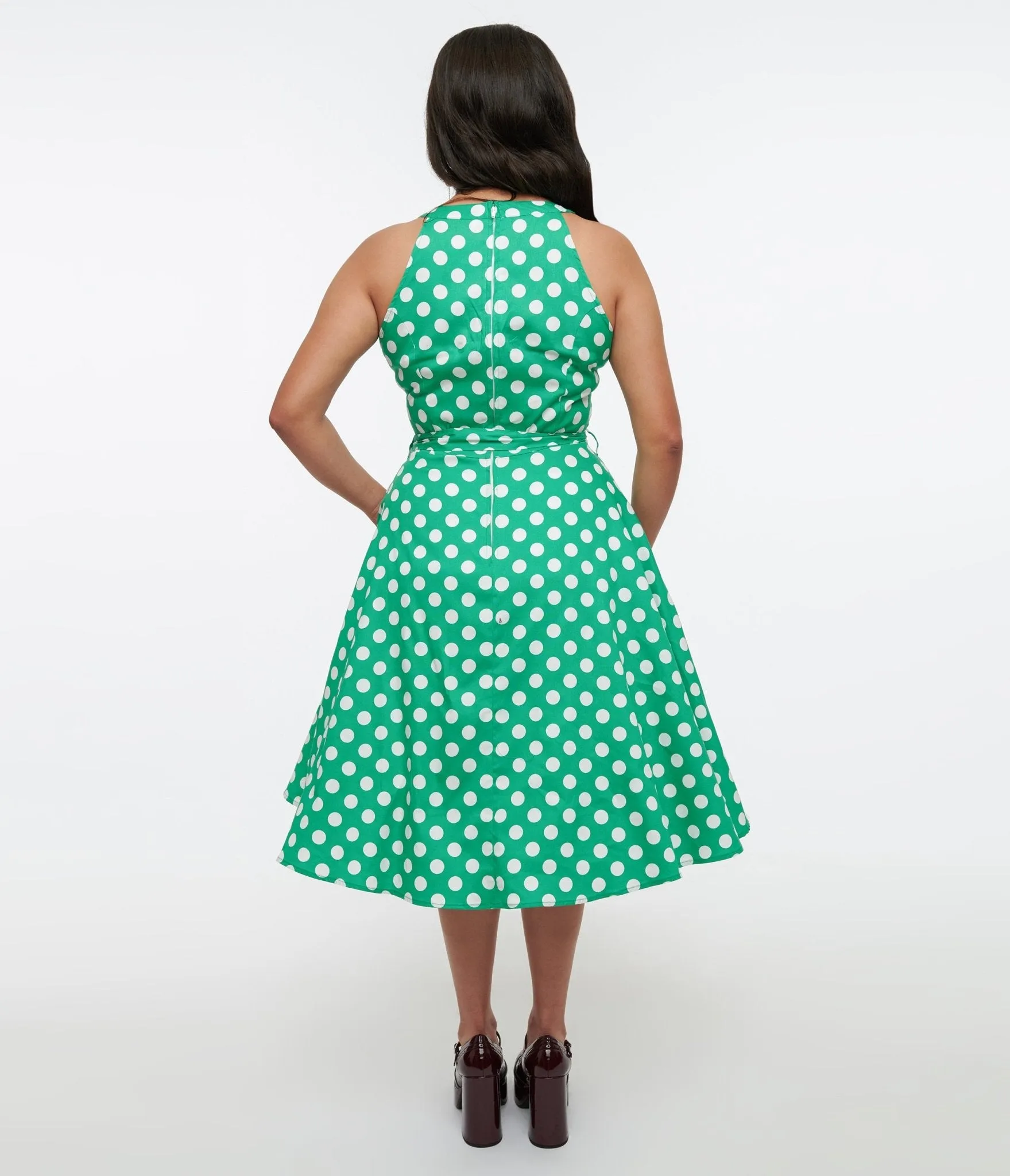 1950s Green & White Polka Dot Tie Swing Dress Casual Everyday Look
