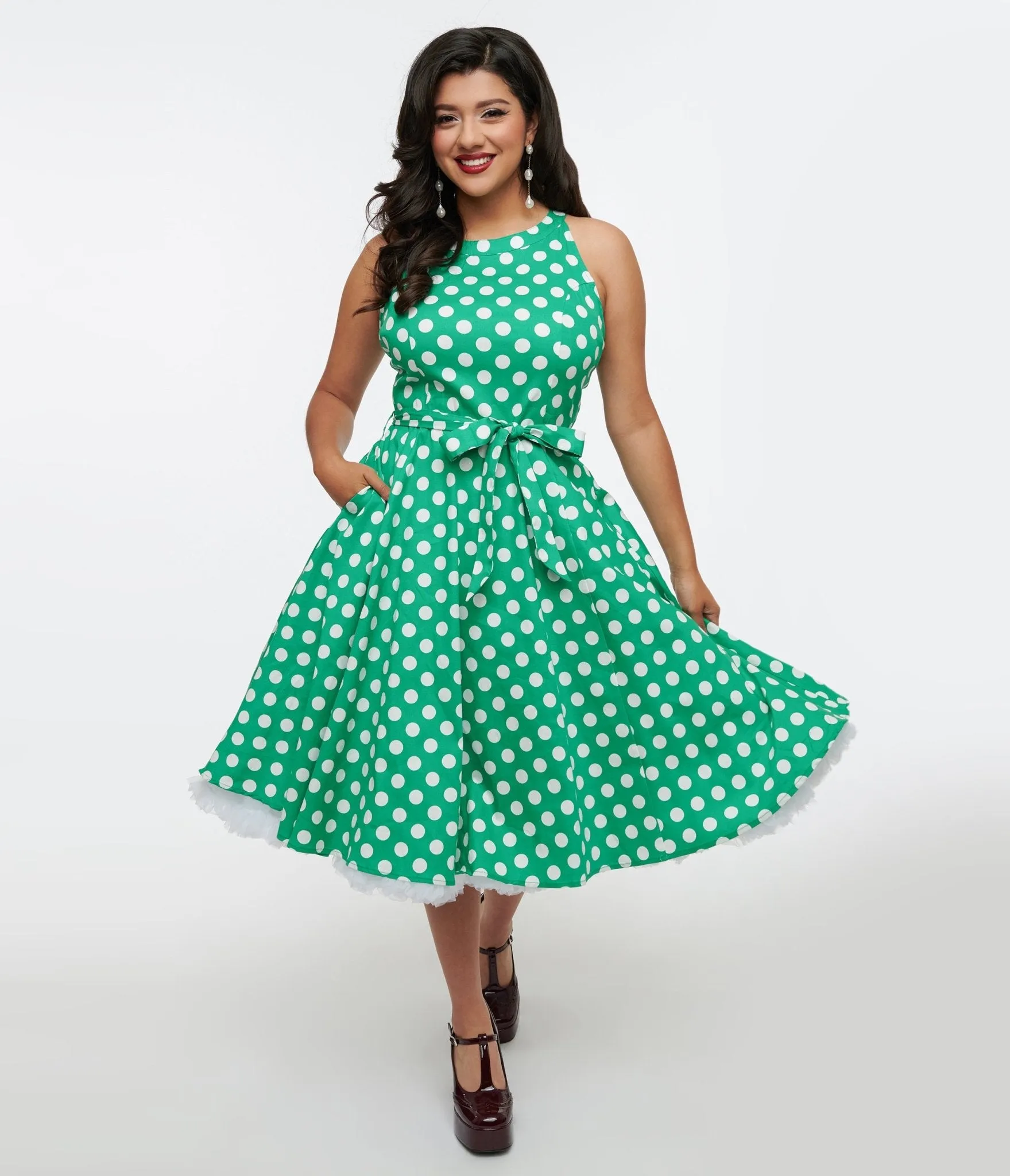 1950s Green & White Polka Dot Tie Swing Dress Casual Everyday Look
