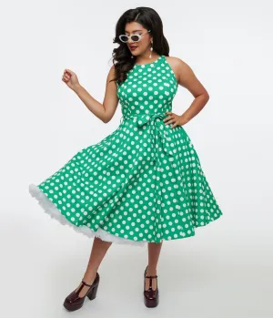 1950s Green & White Polka Dot Tie Swing Dress Casual Everyday Look