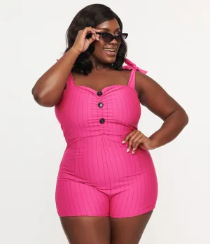 1950s Hot Pink & Black Pinstripe Romper Swimsuit Beach Vacation Ready