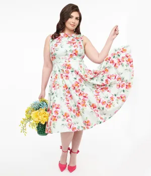 1950s Mint Green & Pink Floral Print Cotton Marissa Swing Dress Casual Everyday Look