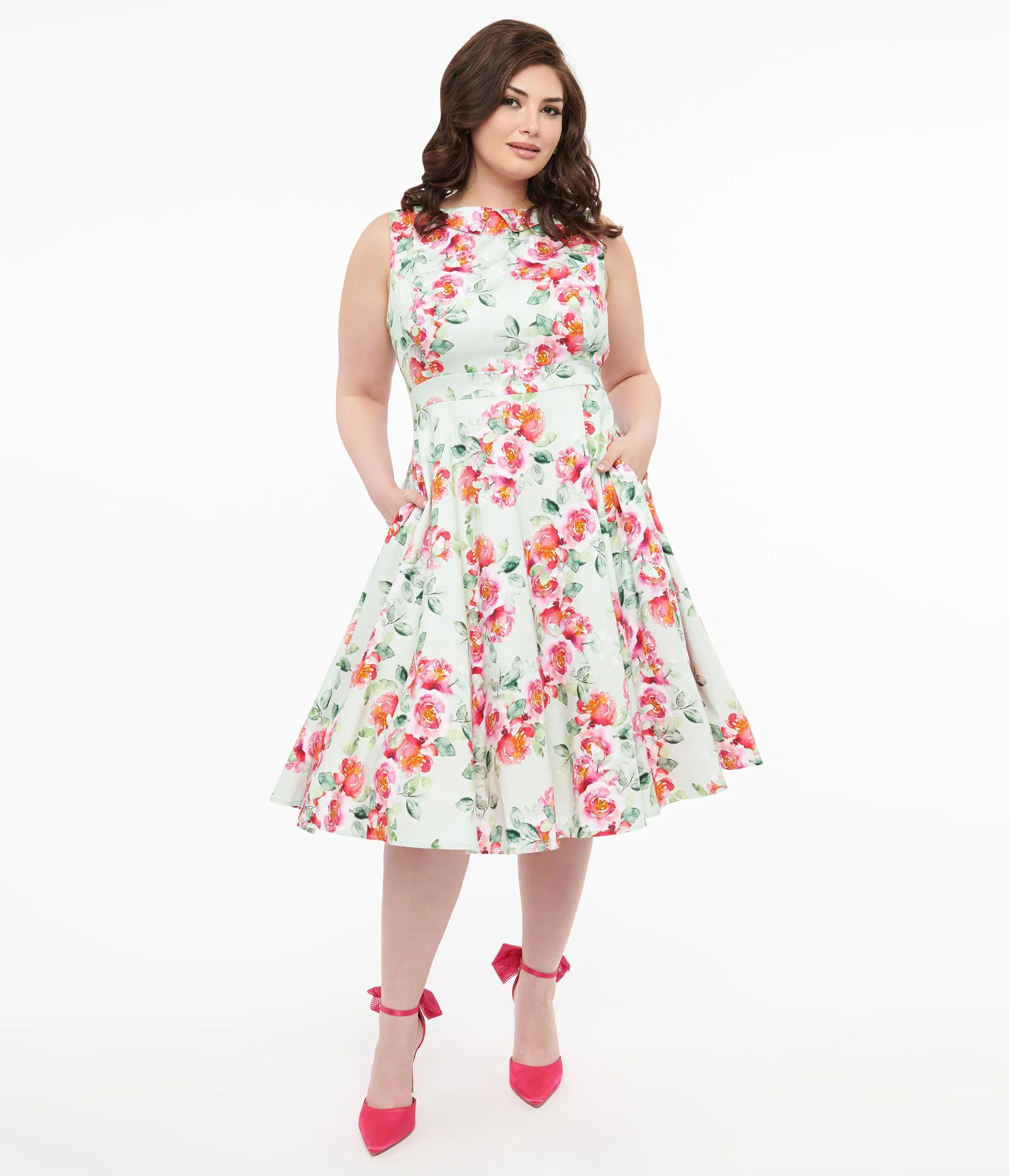 1950s Mint Green & Pink Floral Print Cotton Marissa Swing Dress Casual Everyday Look