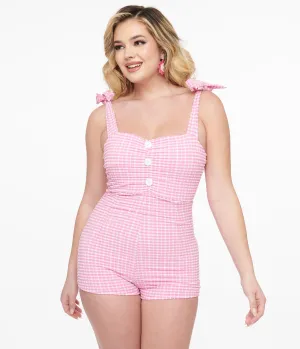1950s Pink & White Gingham One Piece Swimsuit Beach Vacation Ready
