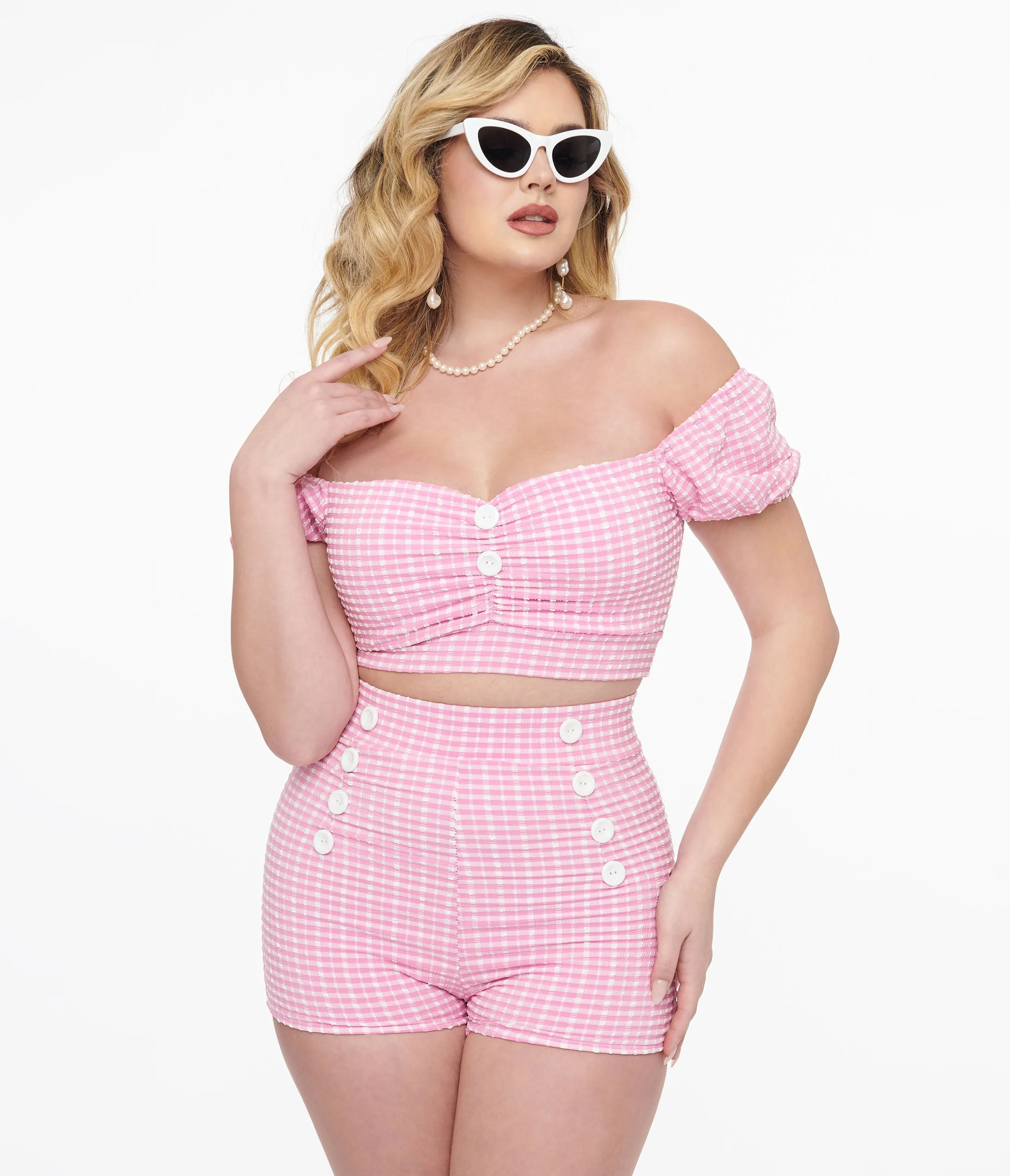 1950s Pink Gingham Seersucker Puff Sleeve Swim Top Beach Vacation Ready
