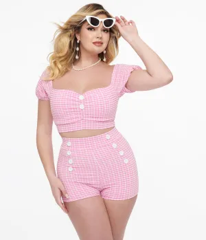 1950s Pink Gingham Seersucker Puff Sleeve Swim Top Beach Vacation Ready