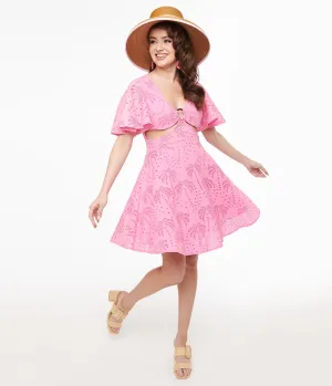 1950s Pink Palm Eyelet Key West Cotton Fit & Flare Dress Casual Everyday Look