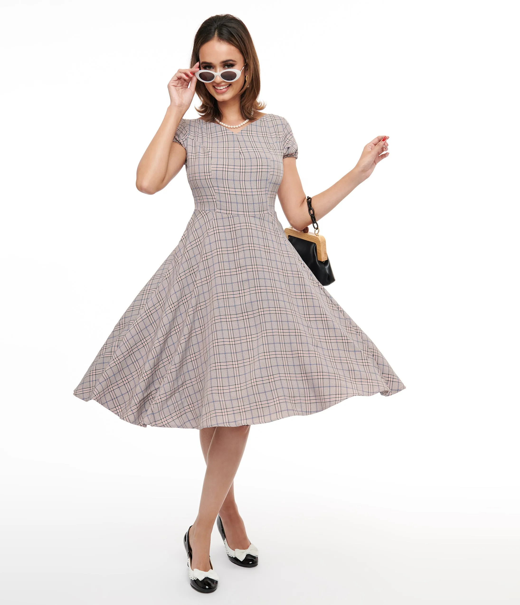 1950s Pink Plaid Fit & Flare Dress Casual Everyday Look