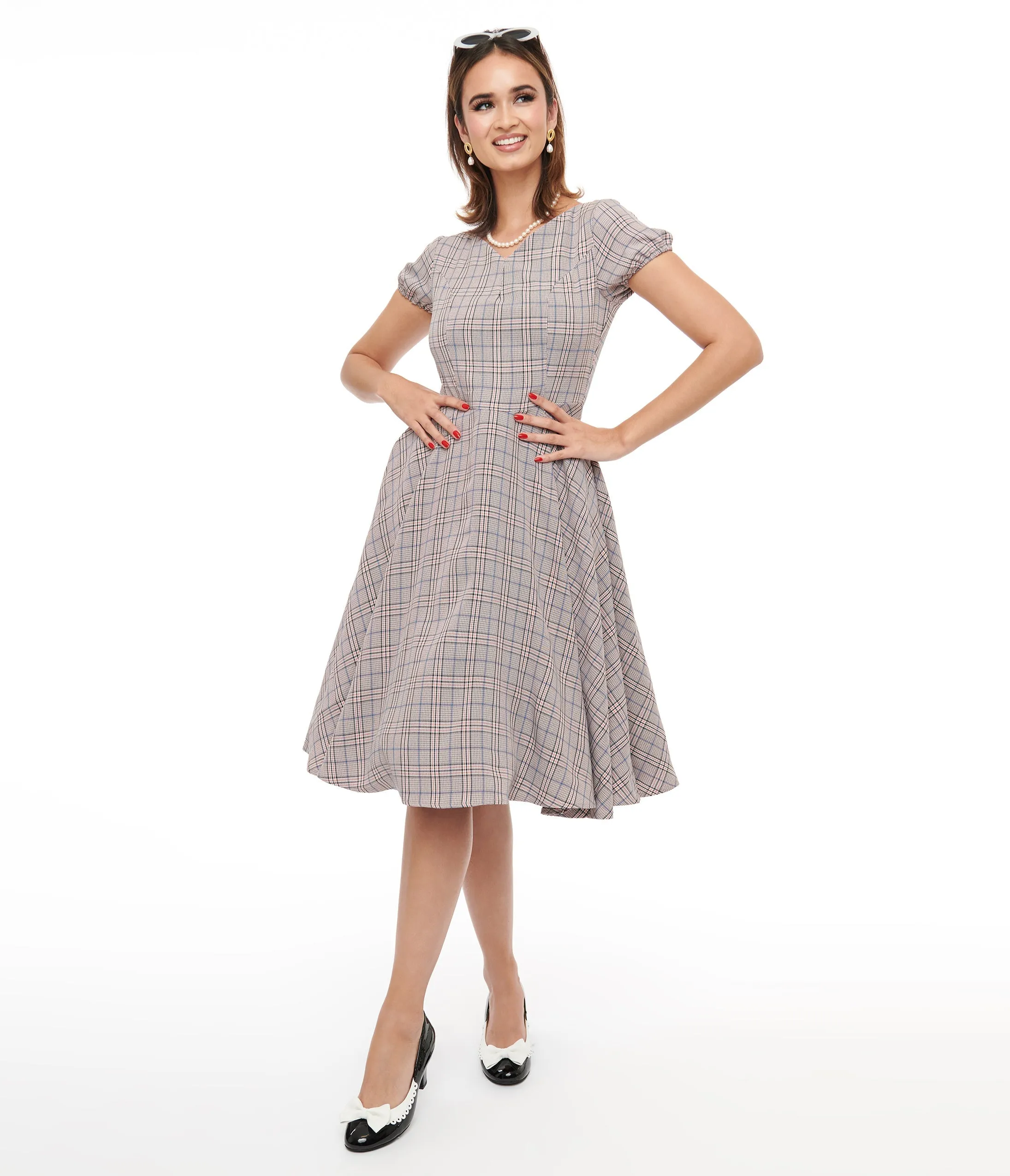 1950s Pink Plaid Fit & Flare Dress Casual Everyday Look