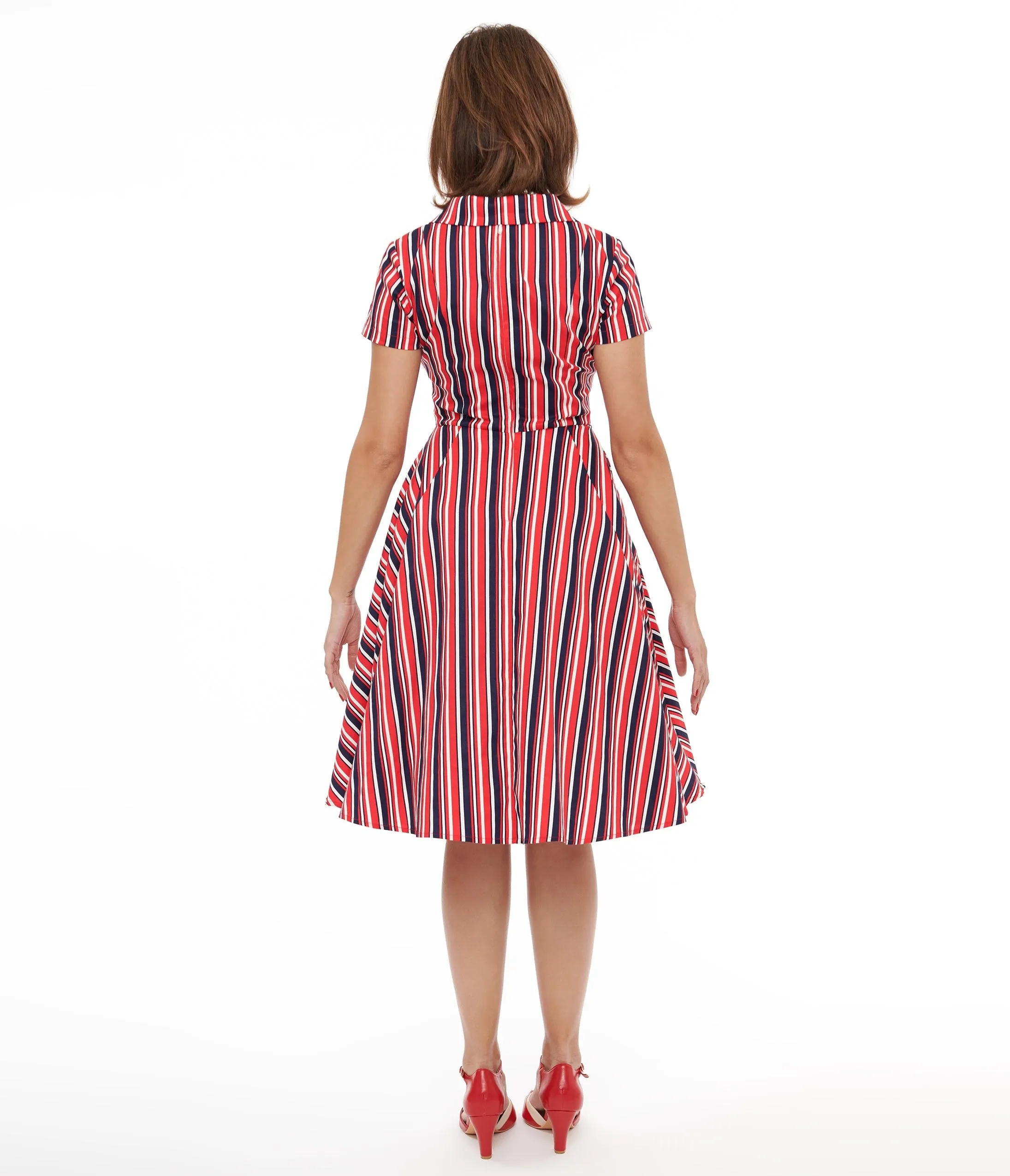 1950s Red & Navy Blue Striped Fit & Flare Dress Casual Everyday Look