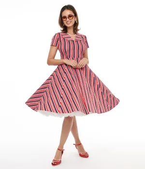 1950s Red & Navy Blue Striped Fit & Flare Dress Casual Everyday Look