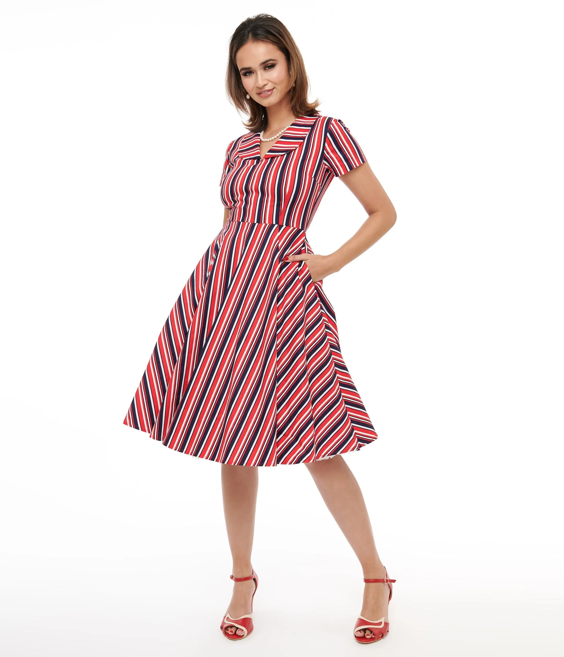 1950s Red & Navy Blue Striped Fit & Flare Dress Casual Everyday Look