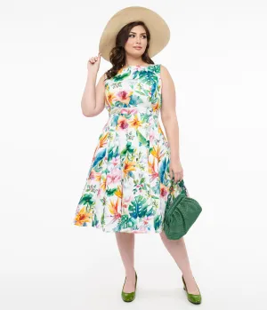 1950s White & Orange Floral Cotton Vera Swing Dress Casual Everyday Look