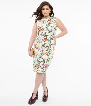 1950s White & Tropical Floral Cotton Jewel Wiggle Dress Casual Everyday Look