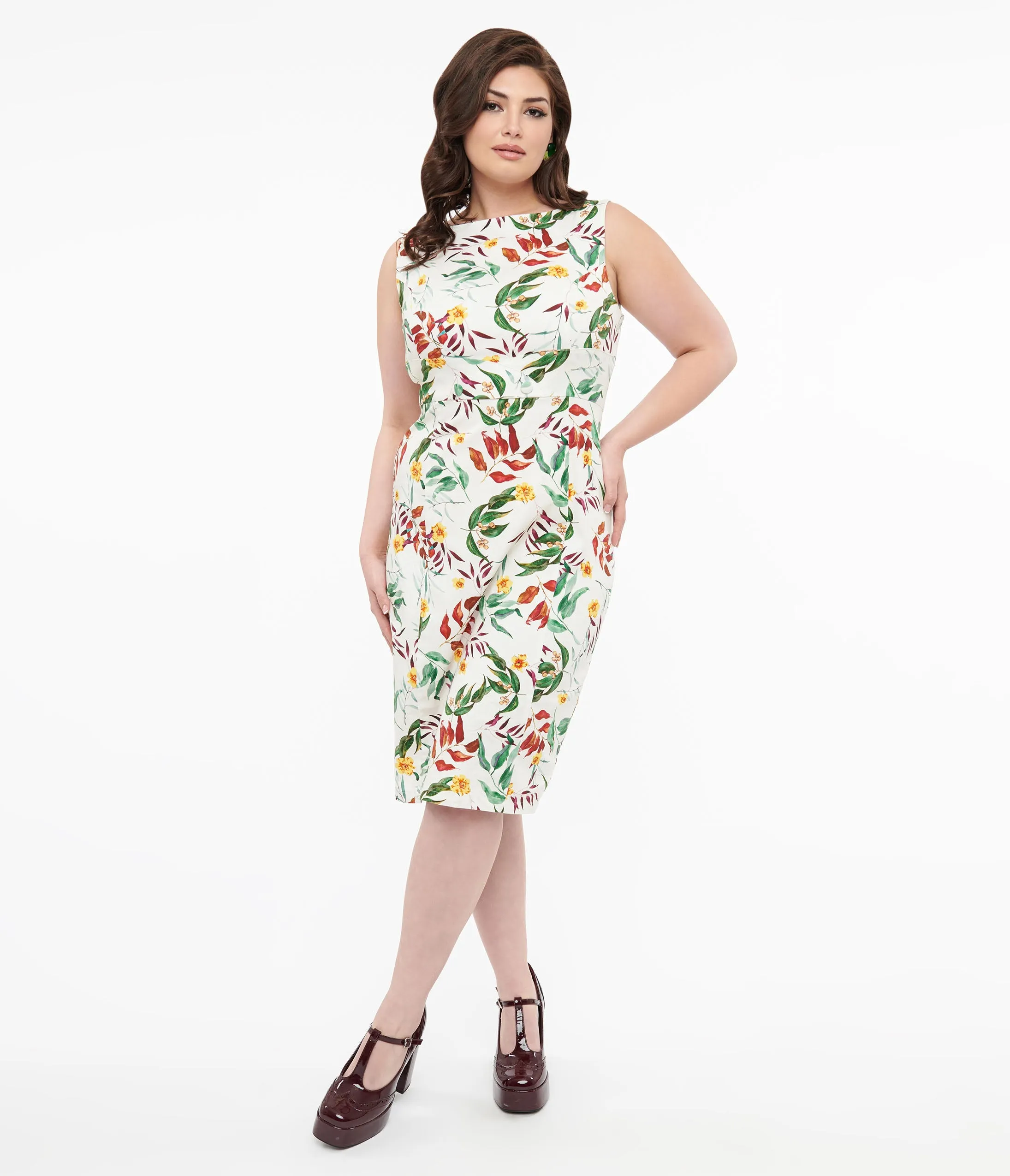 1950s White & Tropical Floral Cotton Jewel Wiggle Dress Casual Everyday Look