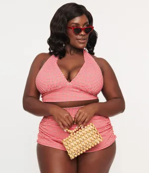 1960s Red & White Gingham Halter Swim Top Beach Vacation Ready