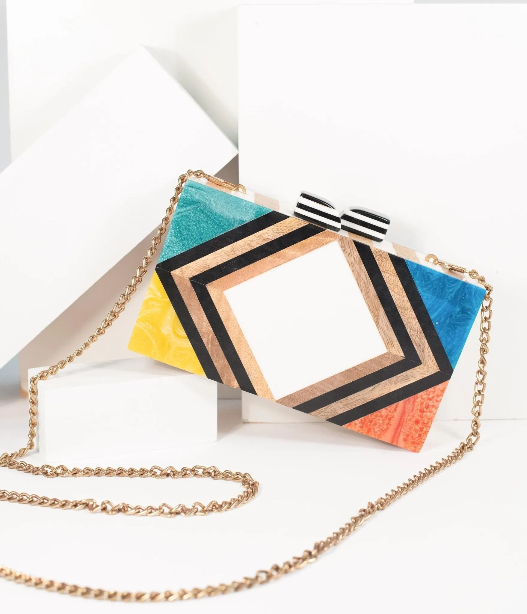 1960s Style Rainbow Chevron Wood & Resin Hard Clutch Fun Outing