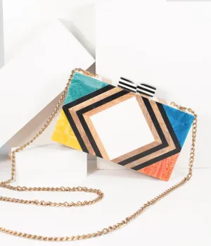 1960s Style Rainbow Chevron Wood & Resin Hard Clutch Fun Outing