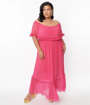 1970s Fuchsia Pleated Chiffon Maxi Dress Casual Everyday Look