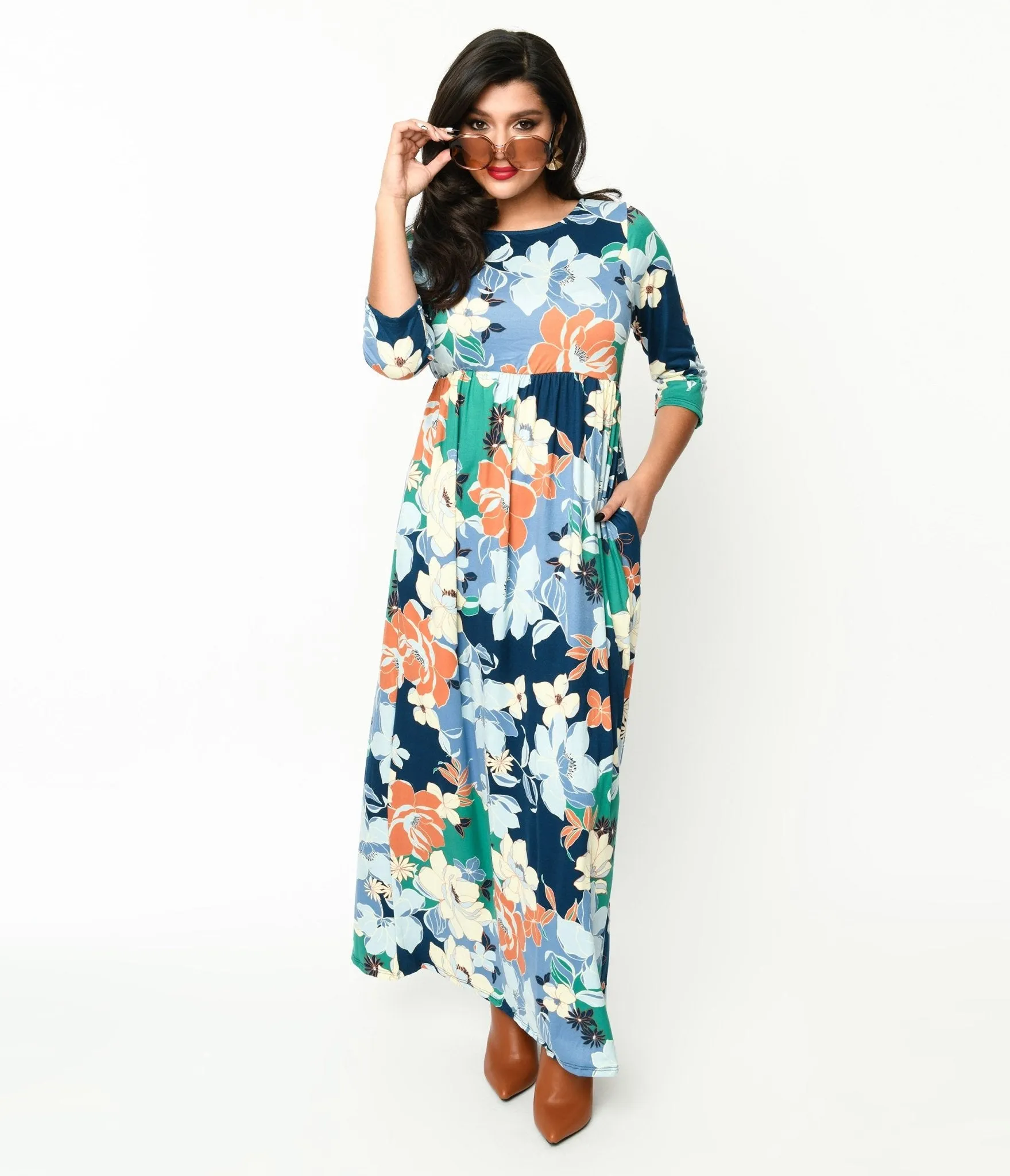1970s Navy & Multicolor Floral Knit Maxi Dress Casual Everyday Look