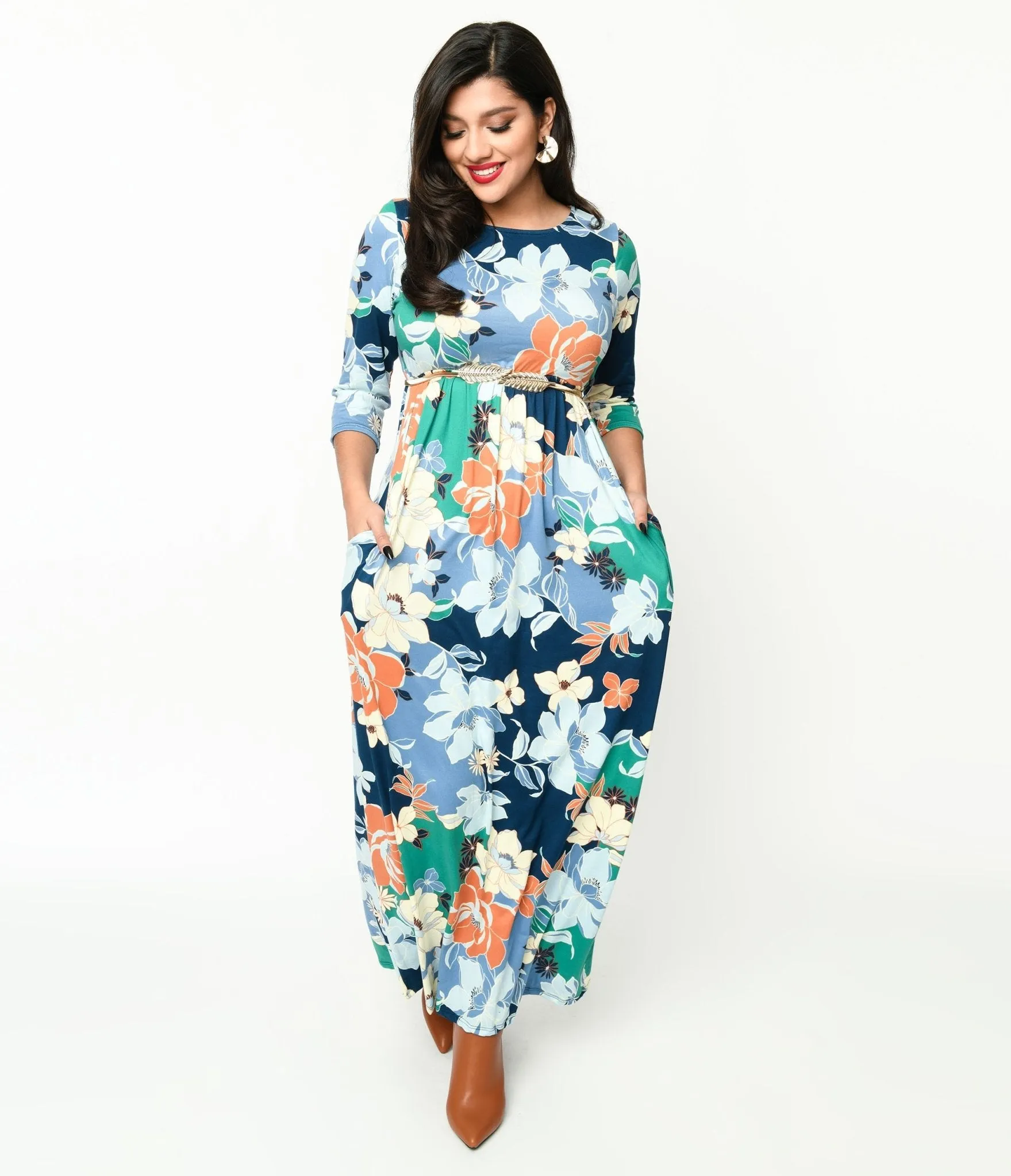 1970s Navy & Multicolor Floral Knit Maxi Dress Casual Everyday Look