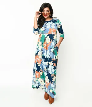 1970s Navy & Multicolor Floral Knit Maxi Dress Casual Everyday Look