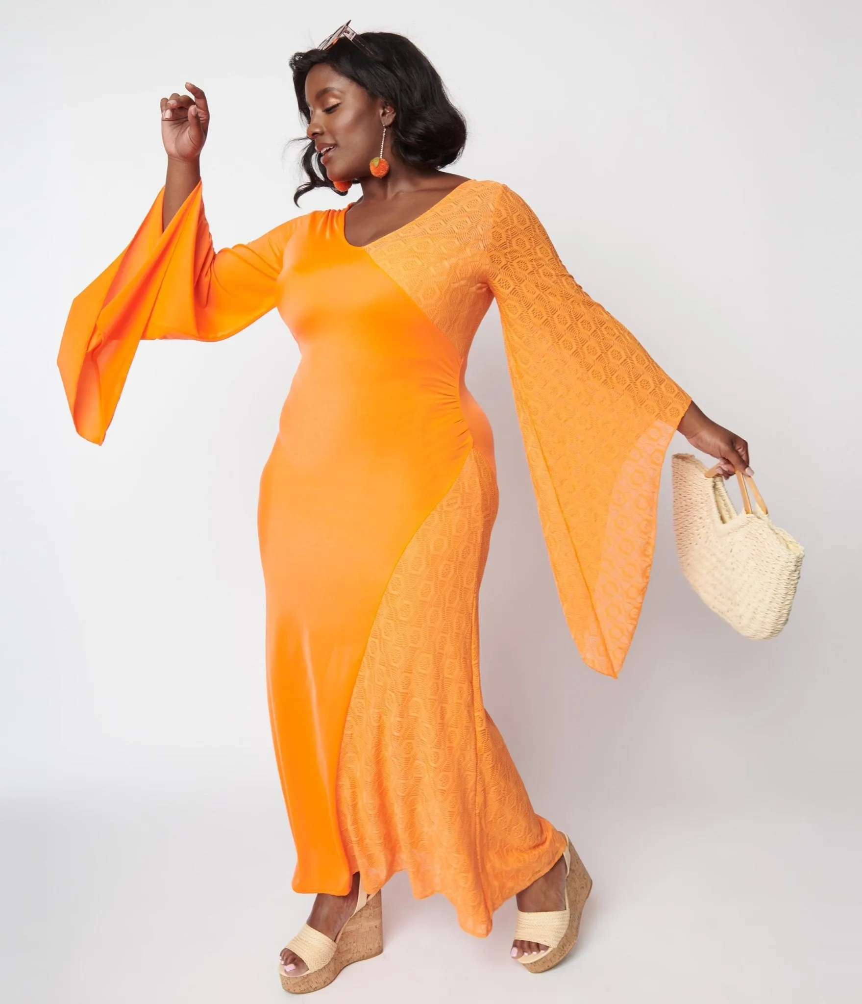 1970s Neon Orange Lace Maxi Dress Casual Everyday Look