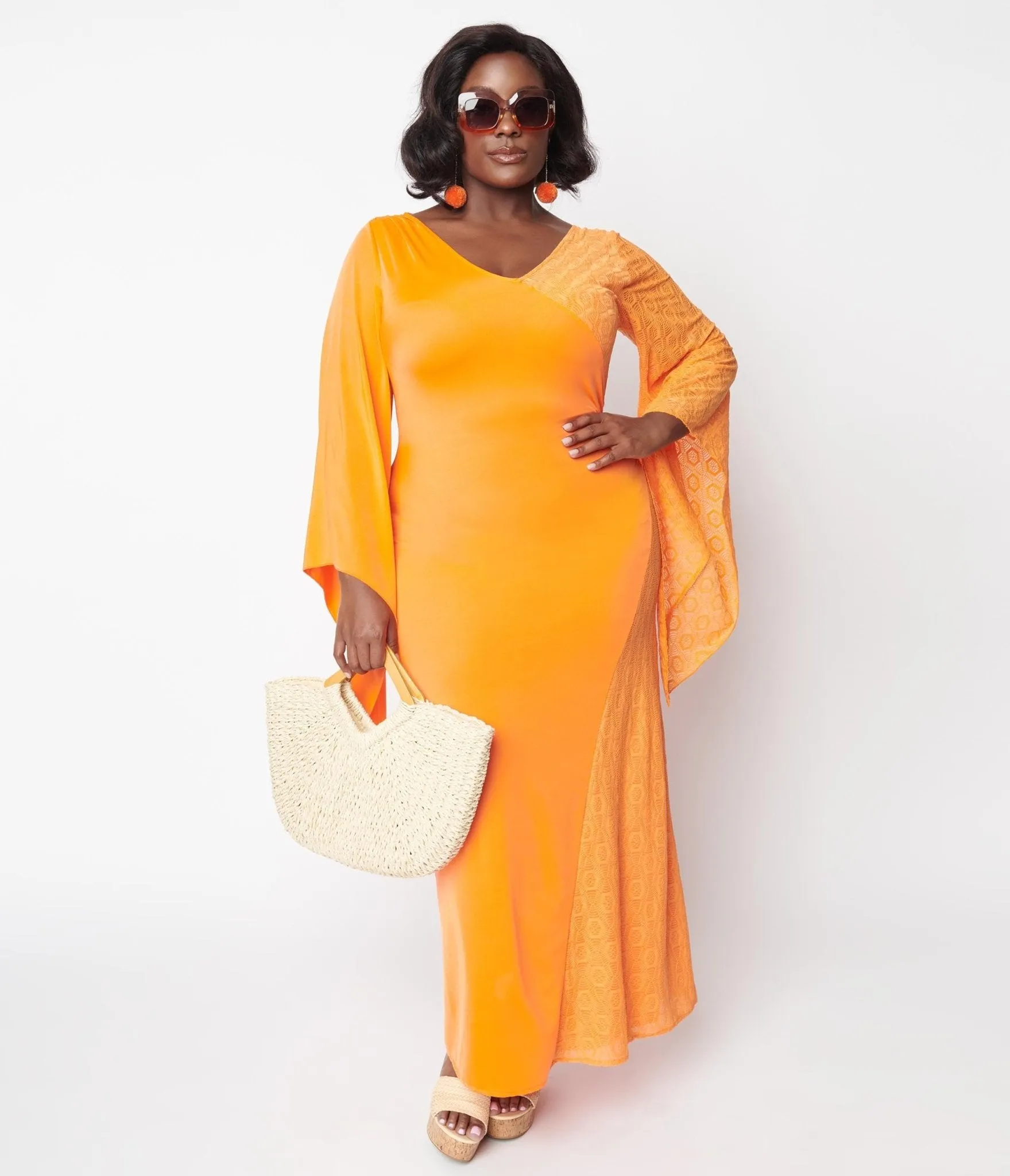 1970s Neon Orange Lace Maxi Dress Casual Everyday Look