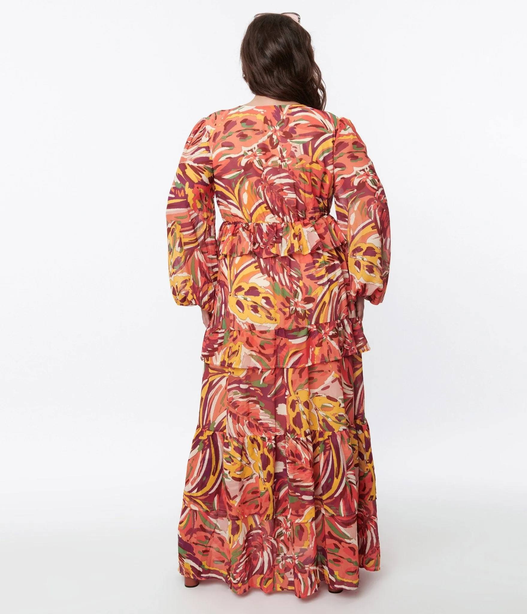 1970s Orange & Multicolor Leaf Maxi Dress Casual Everyday Look