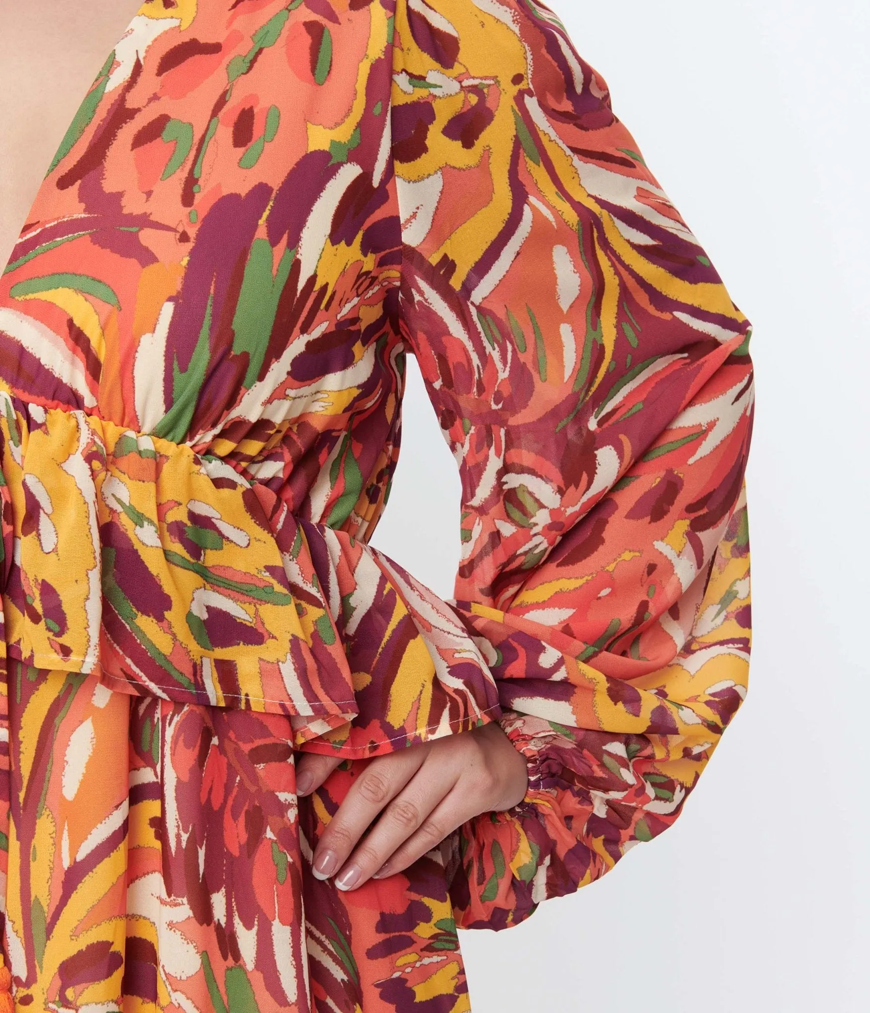 1970s Orange & Multicolor Leaf Maxi Dress Casual Everyday Look