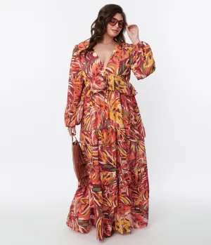 1970s Orange & Multicolor Leaf Maxi Dress Casual Everyday Look