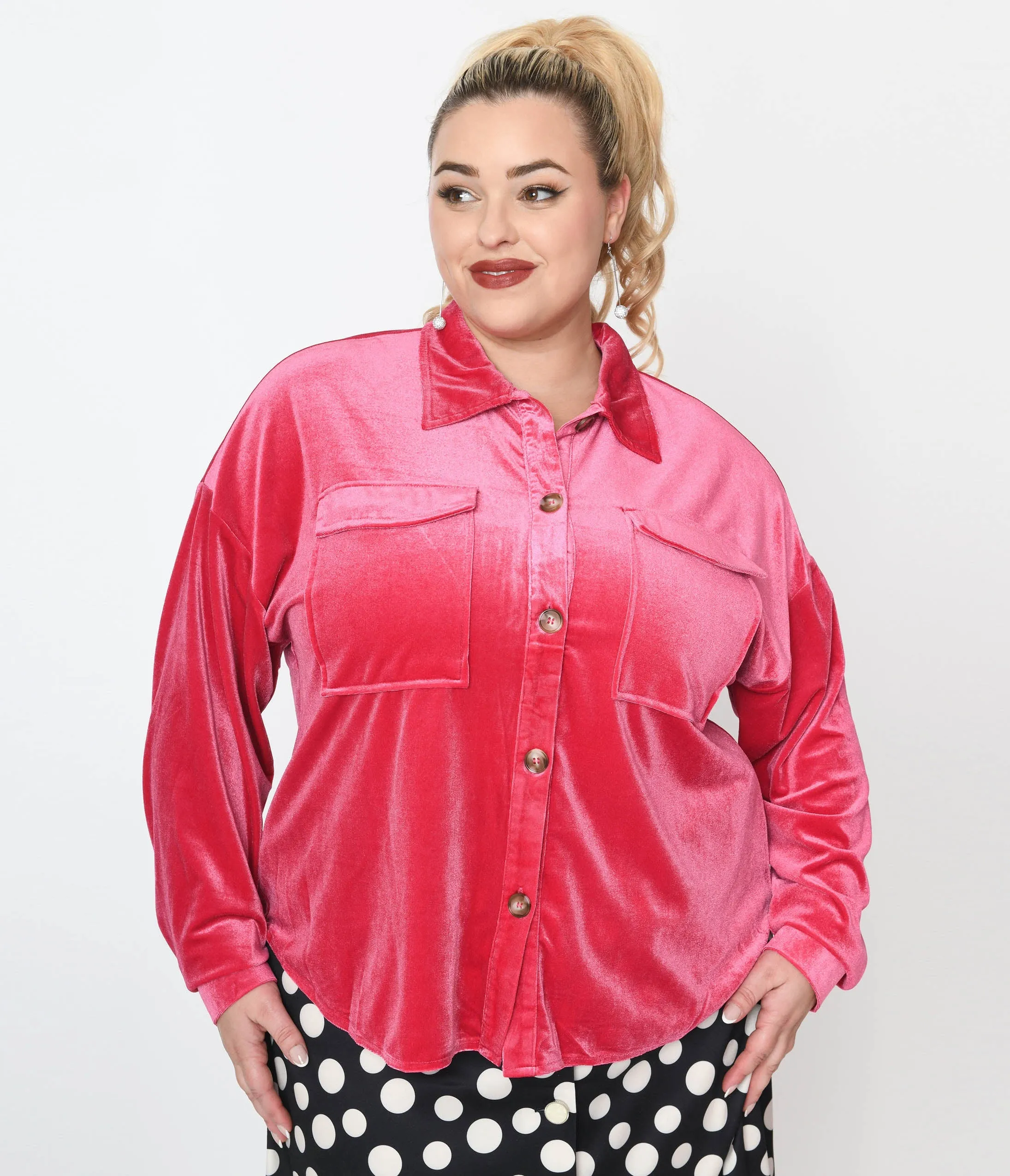1970s Pink Velvet Button Down Shirt Easy Date Night