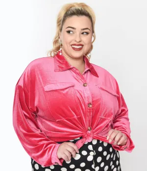 1970s Pink Velvet Button Down Shirt Easy Date Night