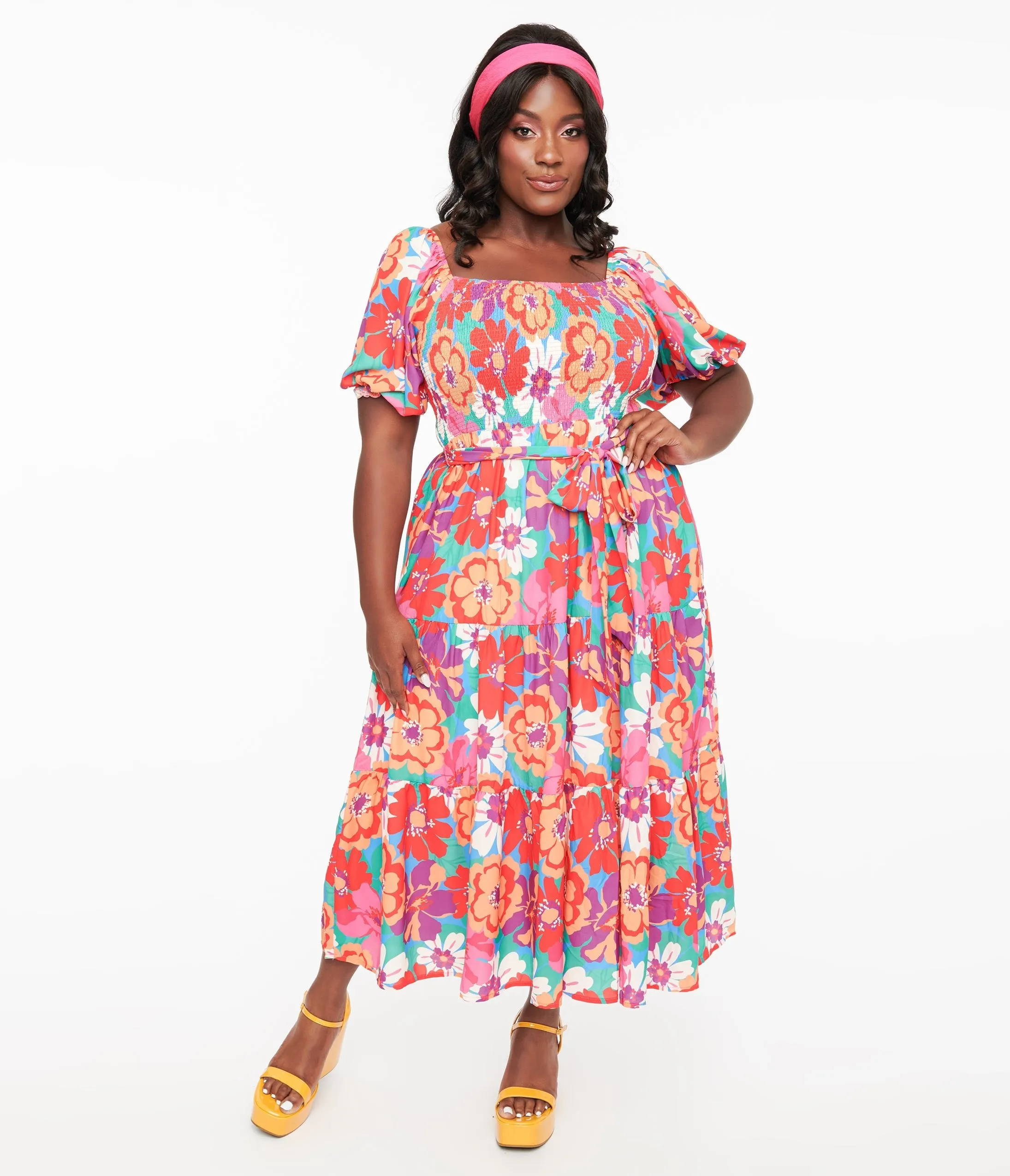 1970s Red & Pink Abstract Floral Midi Dress Casual Everyday Look