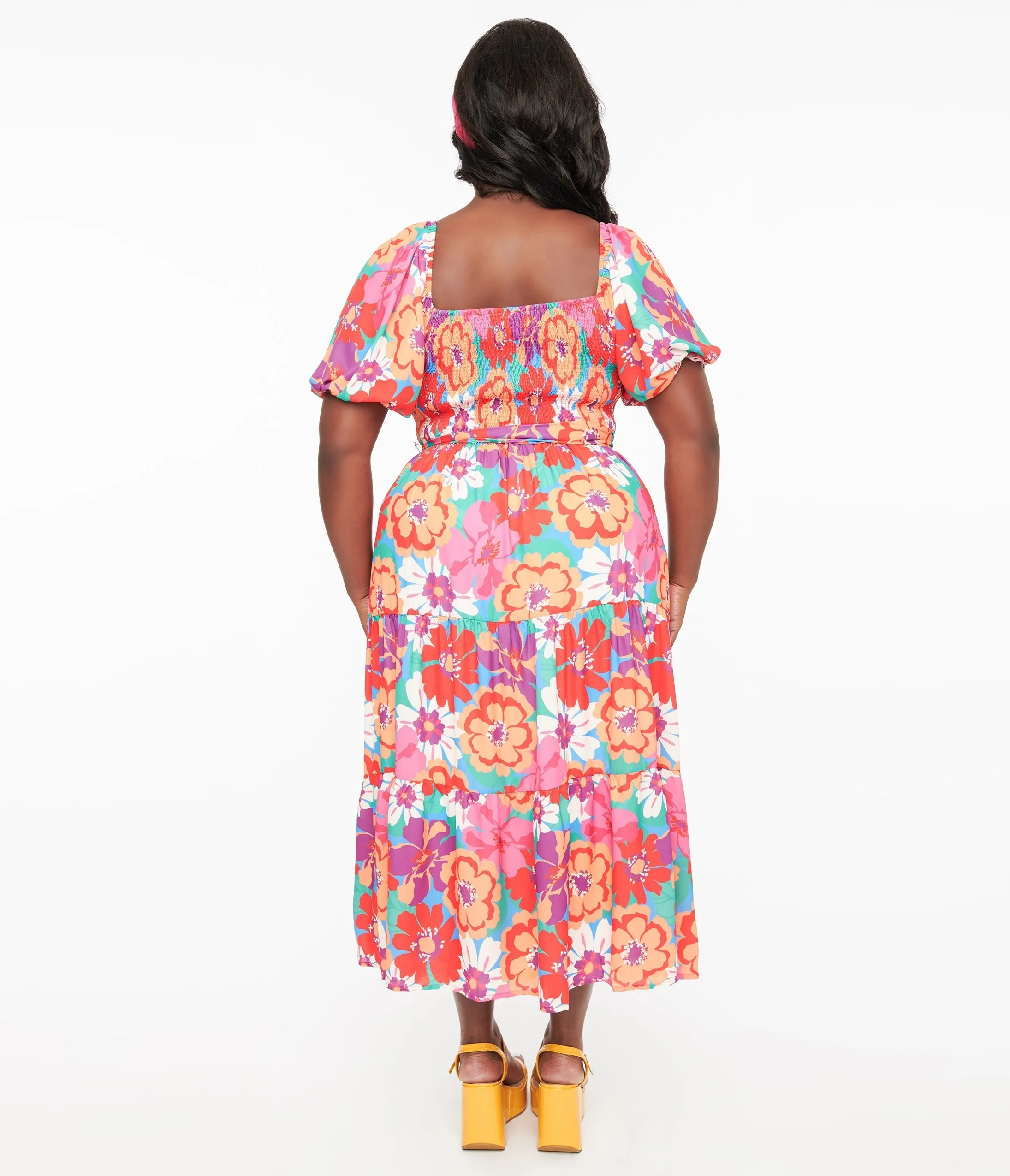 1970s Red & Pink Abstract Floral Midi Dress Casual Everyday Look