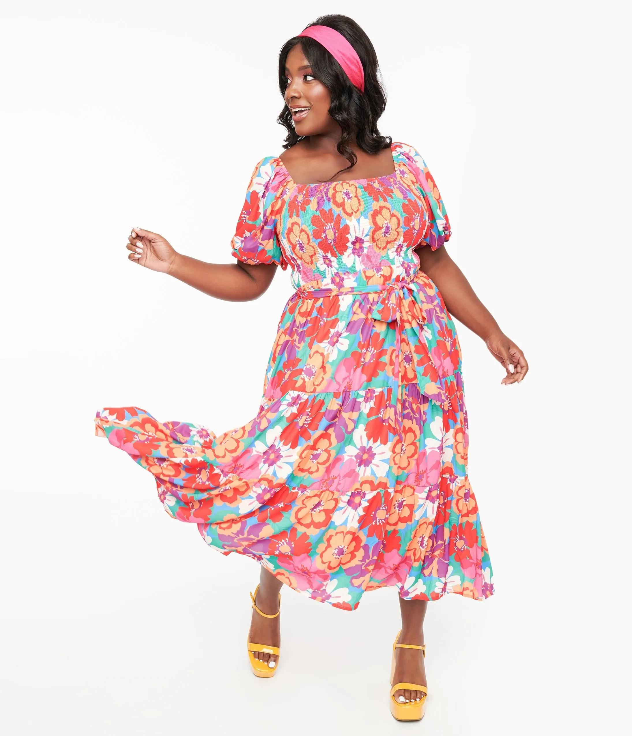 1970s Red & Pink Abstract Floral Midi Dress Casual Everyday Look