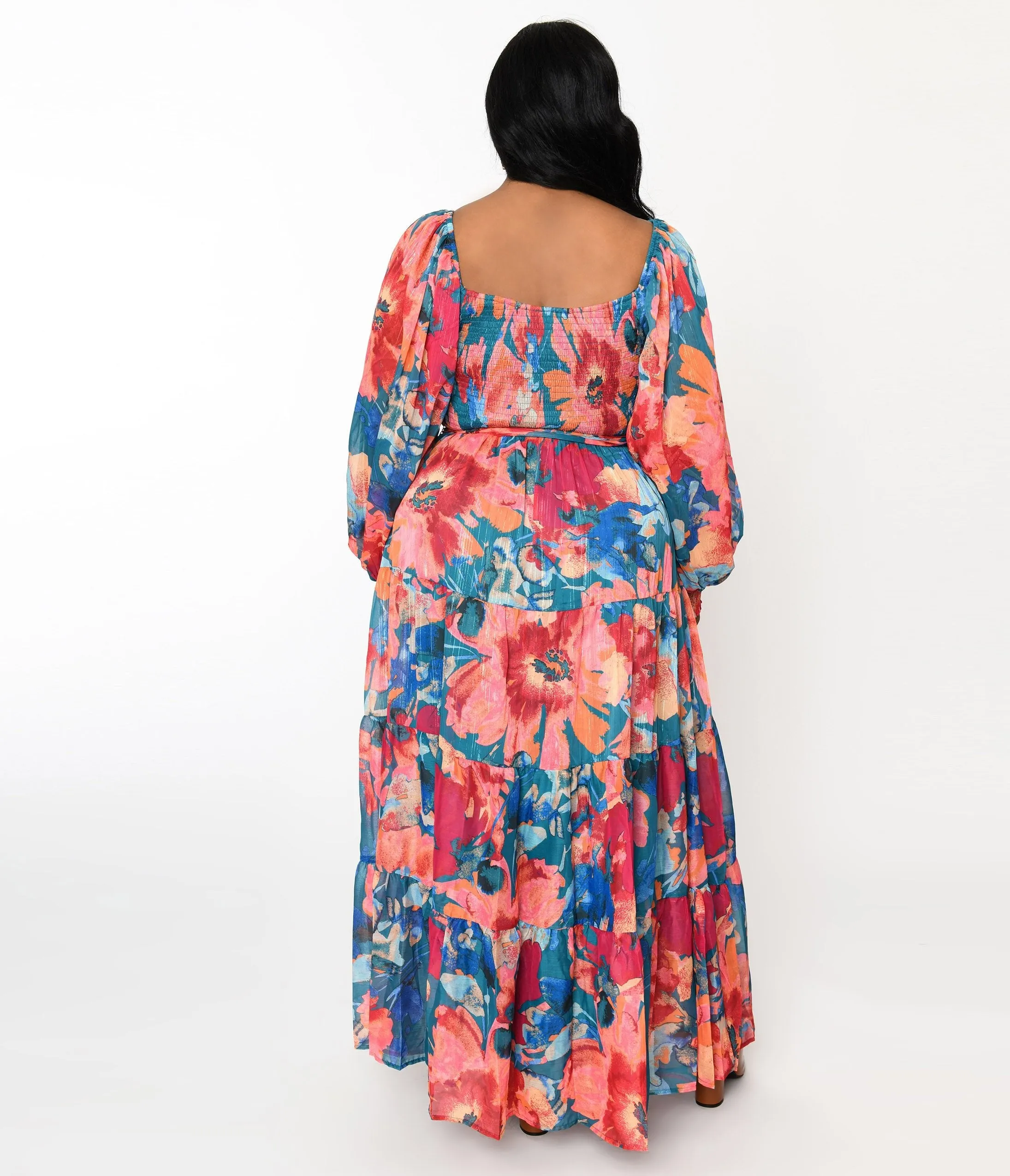 1970s Teal & Coral Floral Maxi Dress Casual Everyday Look