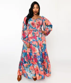 1970s Teal & Coral Floral Maxi Dress Casual Everyday Look