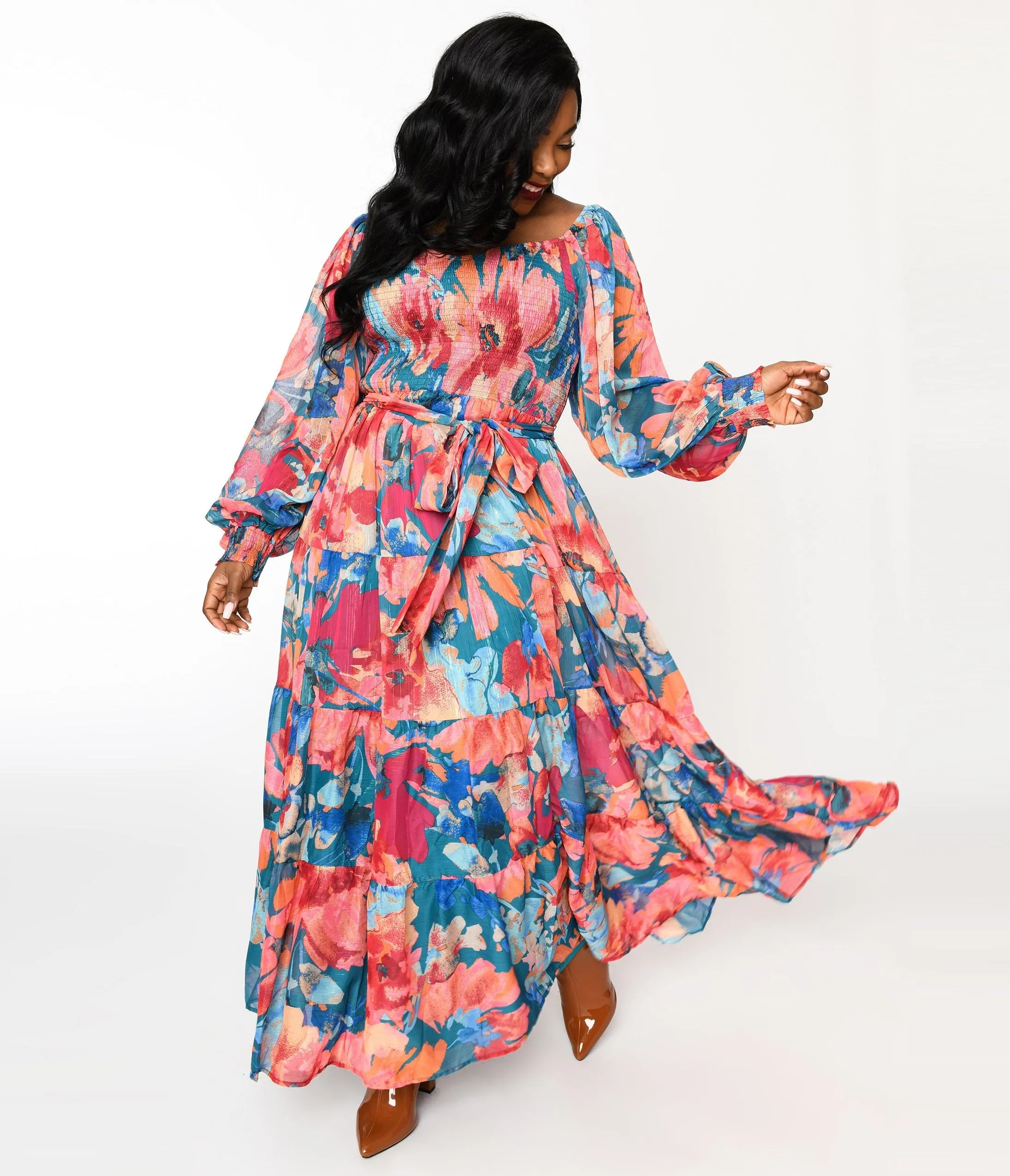 1970s Teal & Coral Floral Maxi Dress Casual Everyday Look