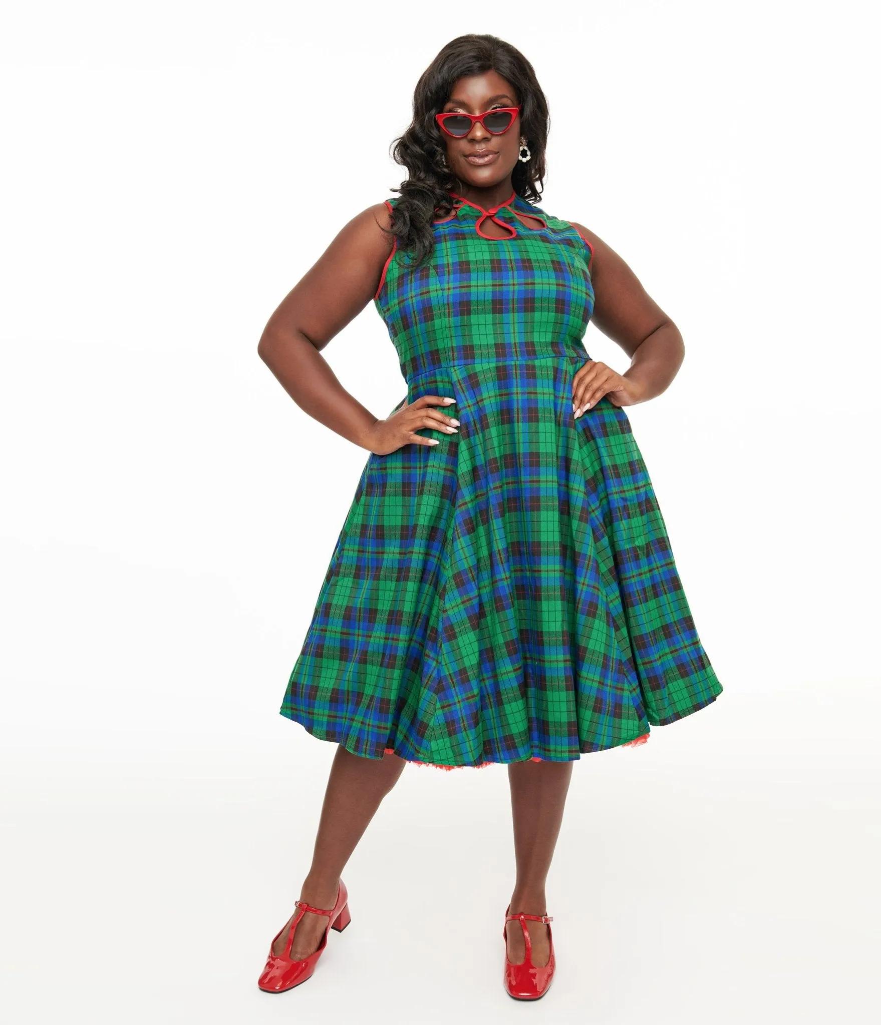 Banned Plus Size 1950s Green & Blue Check Swing Dress Casual Everyday Look