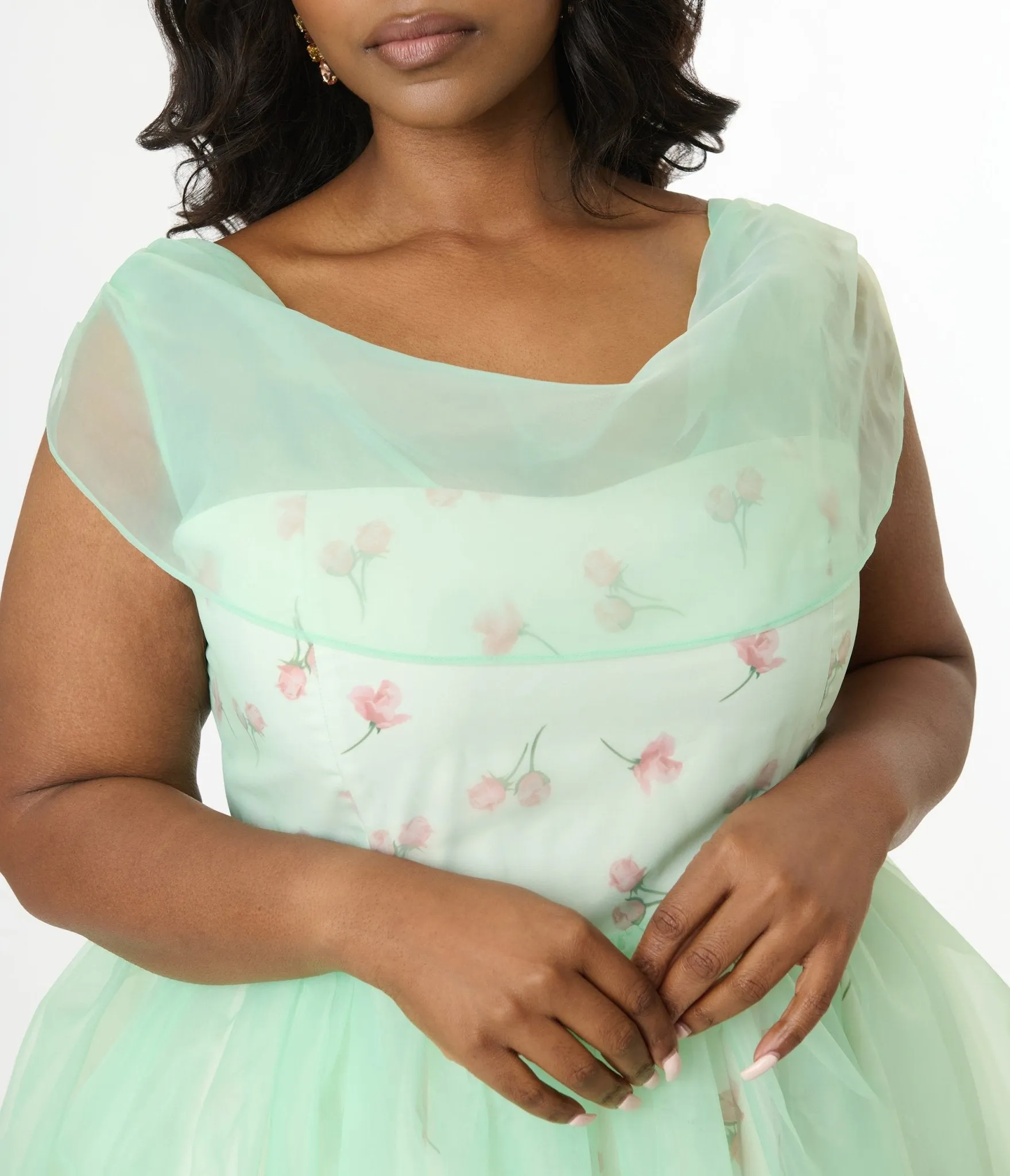 Barbie x Unique Vintage Plus Size 1960s Green Chiffon & Rose Modern Art Swing Dress Casual Everyday Look